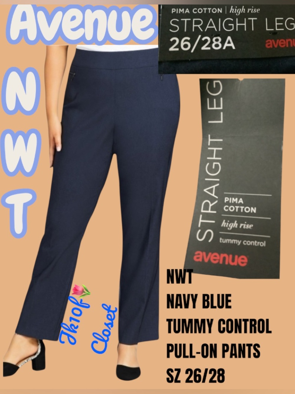 LOWEST🌺 NWT Avenue 26/28 TUMMY CONTROL NAVY Straight Leg Hi-Rise Pull-On Pants
